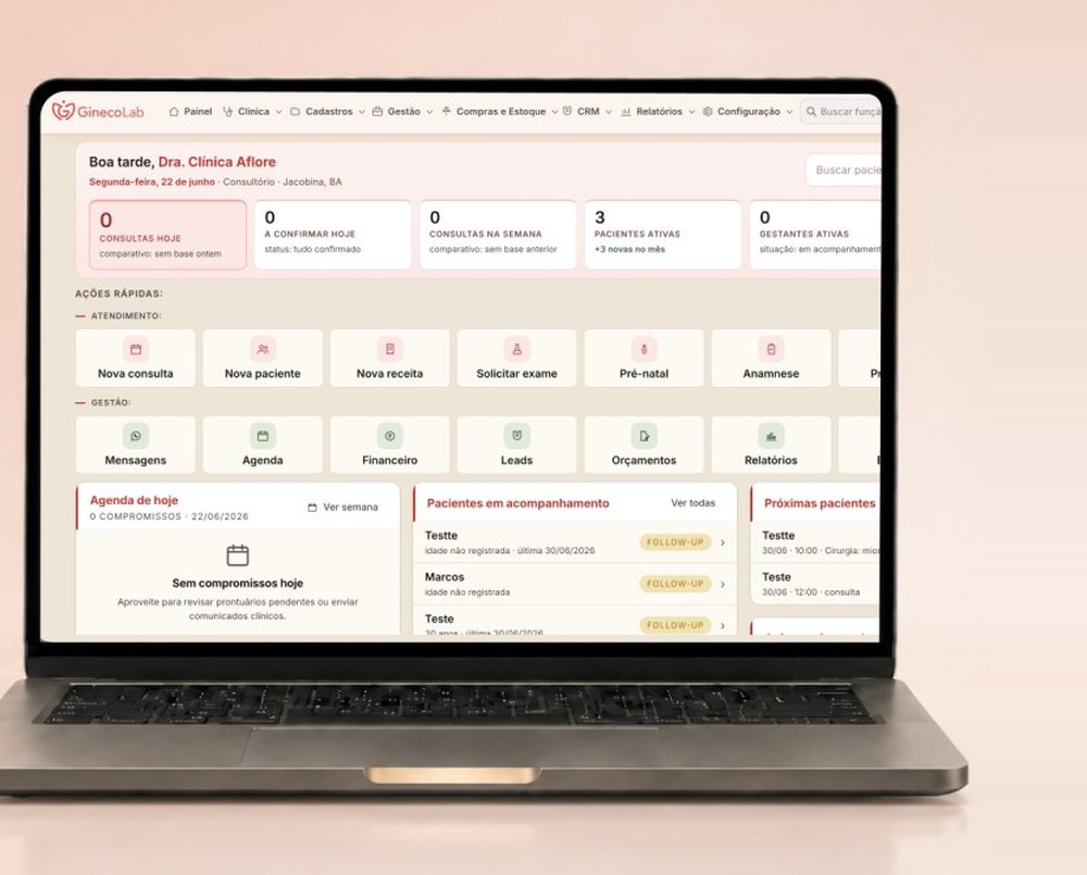 Painel do GinecoLab: consultas do dia, ações rápidas de atendimento e pacientes em acompanhamento